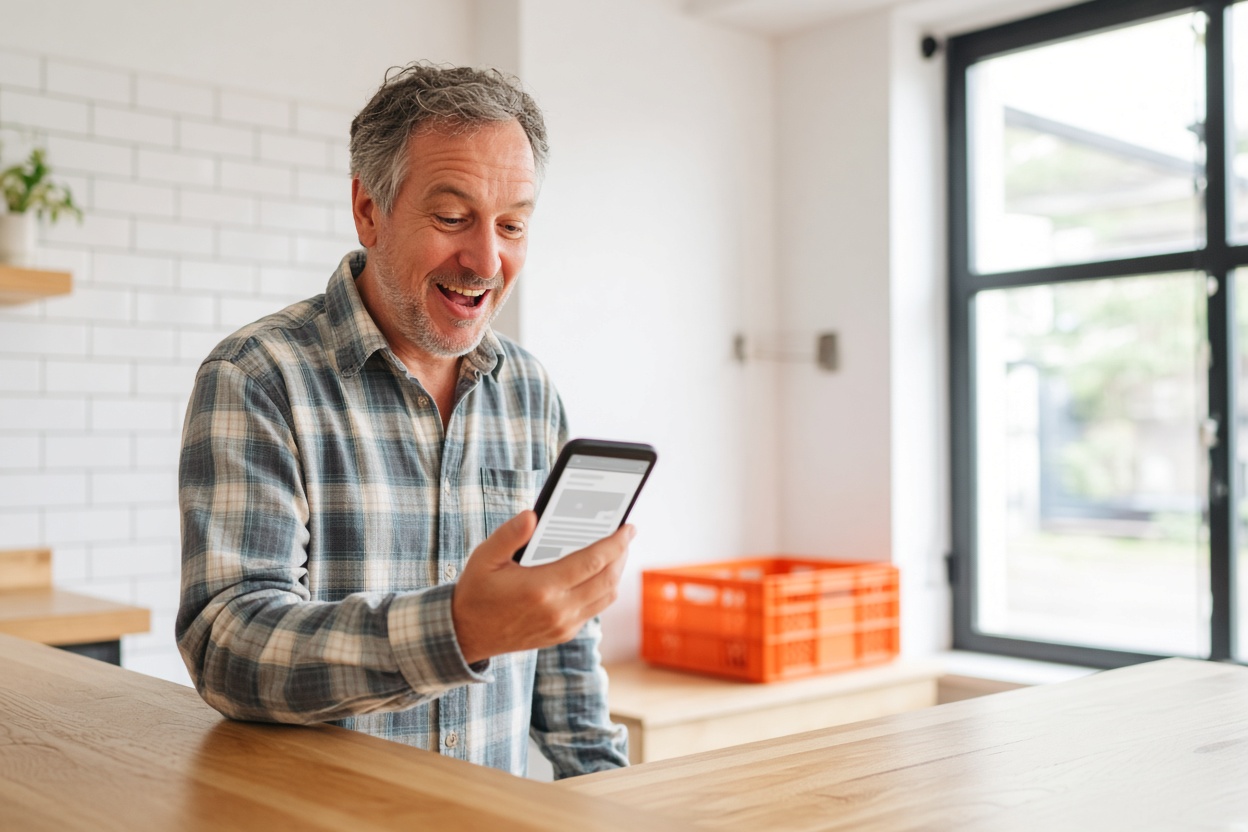 A shop owner at his counter, laughing at his new site as it opens on his phone.