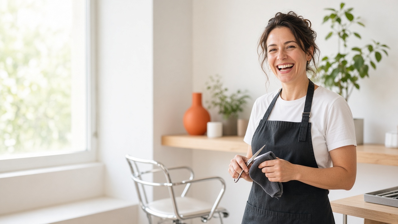 A hairdresser laughing in her bright salon, scissors in hand, before the first client of the day.