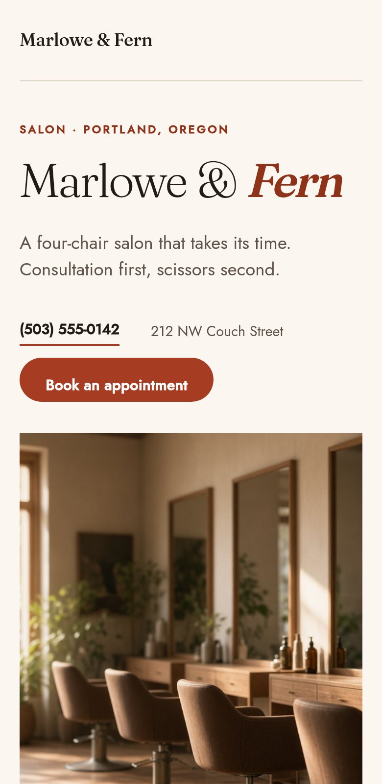The Marlowe & Fern site on a phone: the salon name, the tagline, a phone number and a Book an appointment button above a photograph of the salon.