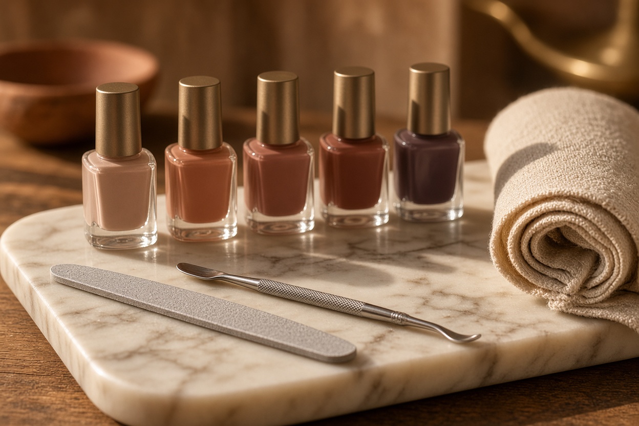 Five bottles of polish in muted rose and plum tones, a file and a cuticle tool laid on a marble slab beside a rolled towel.