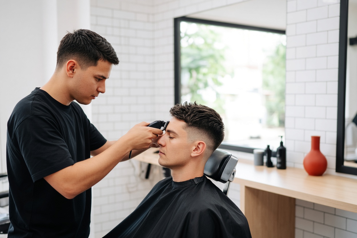 A barber mid-cut in a bright, white-tiled salon, his client easy in the chair.