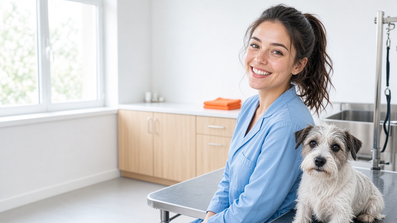A dog groomer smiling beside a small terrier on her table, in a clean, sunlit grooming room.