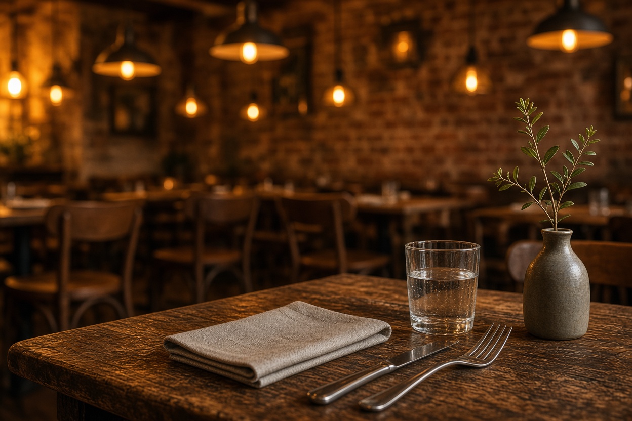 A laid table in a warm, brick-walled dining room at dusk, with pendant lights burning over empty tables in the background.