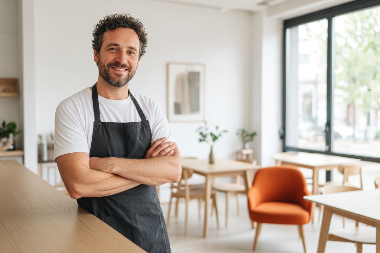 A restaurant owner standing at his counter in a light-filled dining room.