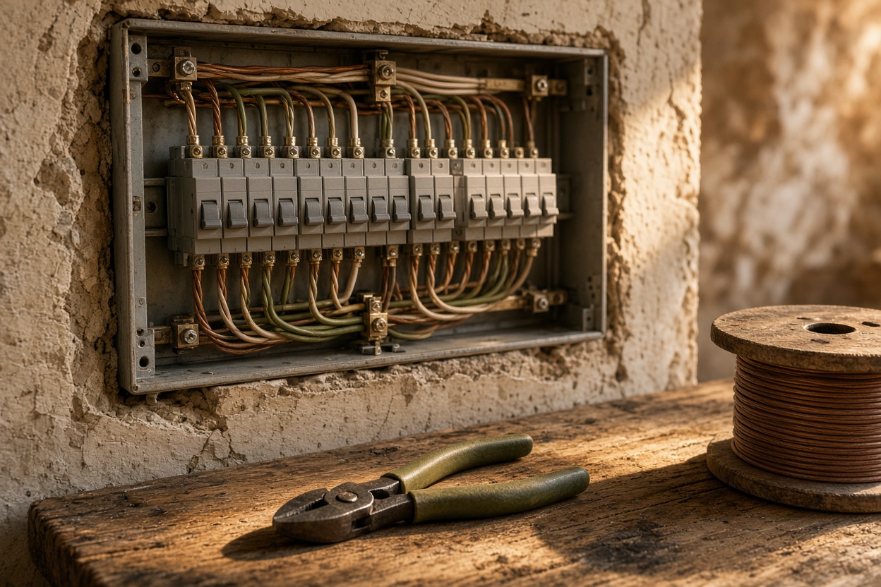 An open consumer unit with rows of breakers and neatly dressed wiring, a pair of side cutters and a spool of cable on the bench below.