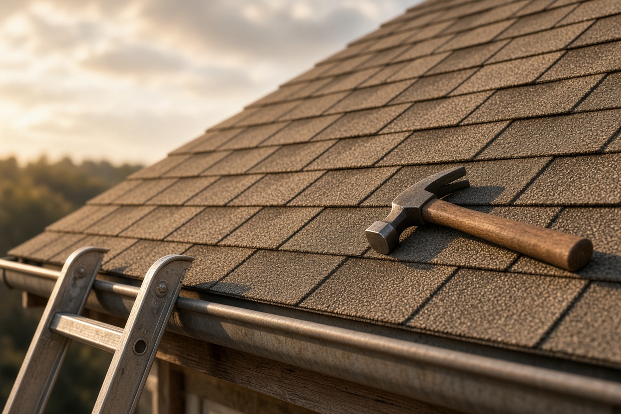 A shingled roof ridge at golden hour with a claw hammer resting on the tiles and a ladder leaning against the gutter.