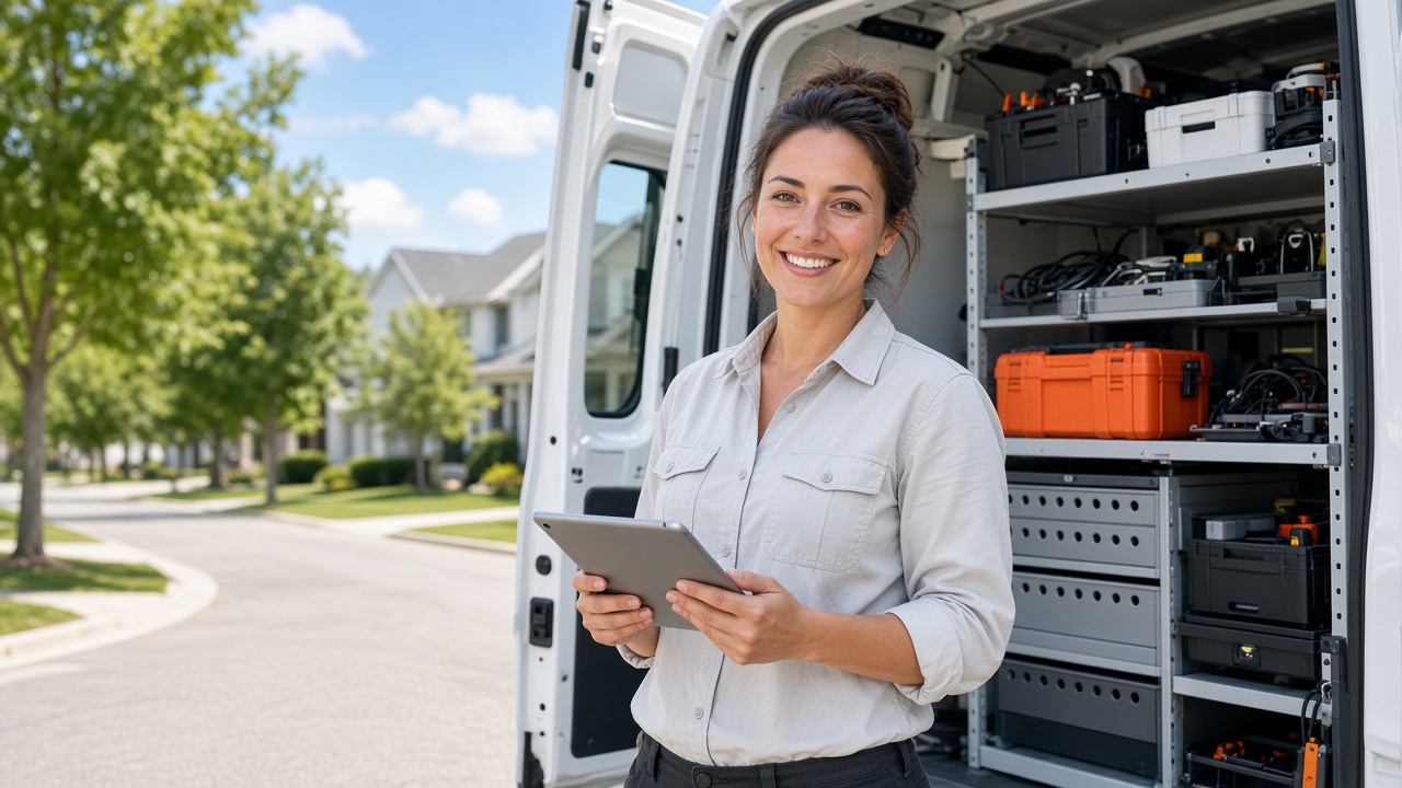 A tradeswoman smiling beside her open van on a suburban street, tablet in hand.